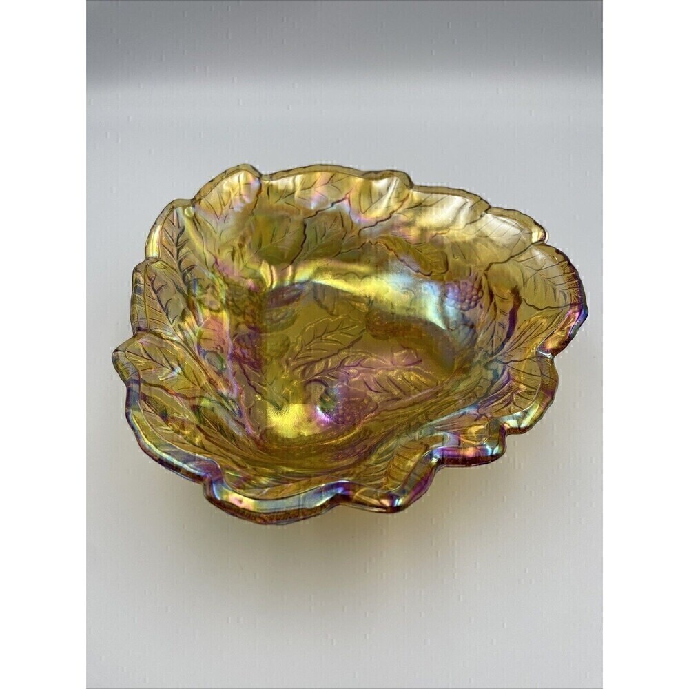 Antique Imperial Marigold Carnival Grape Leaf Shape Glass Scalloped Bowl Dish 7"